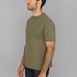 Loop & Weft Dual Layered Knit Raw Edge Pocket Crewneck T-Shirt Army Olive