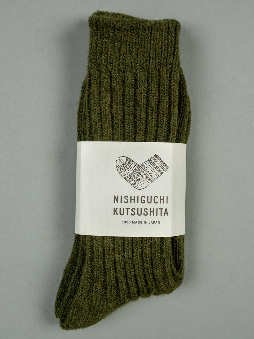 Nishiguchi Kutsushita Wool Ribbed Socks Khaki 3 Nishiguchi Kutsushita Wool Ribbed Socks Khaki