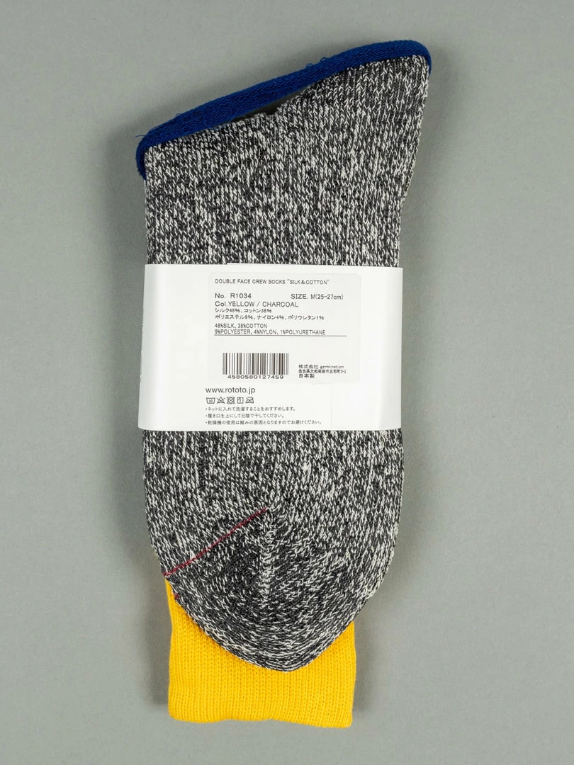 ROTOTO Double Face Crew Socks "Silk & Cotton" Yellow/Charcoal 4 ROTOTO Double Face Crew Socks "Silk & Cotton" Yellow/Charcoal