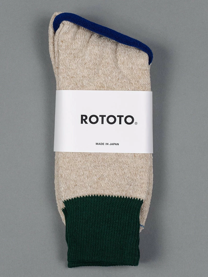 ROTOTO Double Face Crew Socks "Silk & Cotton" Green/Medium Beige 3 ROTOTO Double Face Crew Socks "Silk & Cotton" Green/Medium Beige