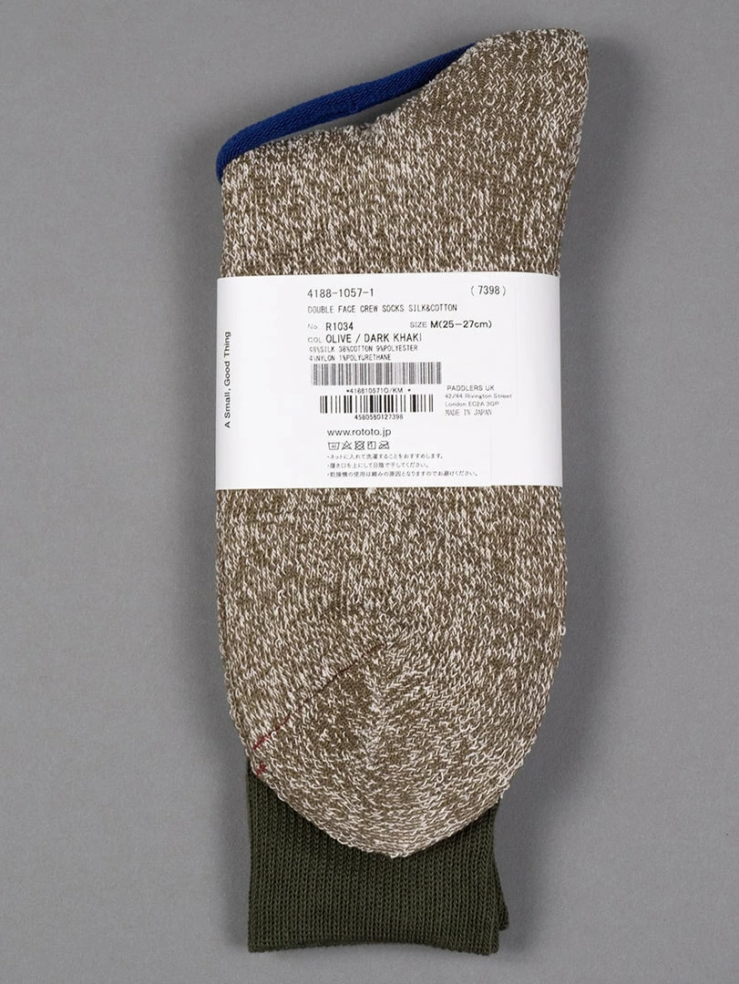 ROTOTO Double Face Crew Socks "Silk & Cotton" Olive/Dark Khaki 4 ROTOTO Double Face Crew Socks "Silk & Cotton" Olive/Dark Khaki