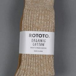 ROTOTO Organic Cotton Daily 3 Pack Ribbed Crew Socks Ecru/Brown