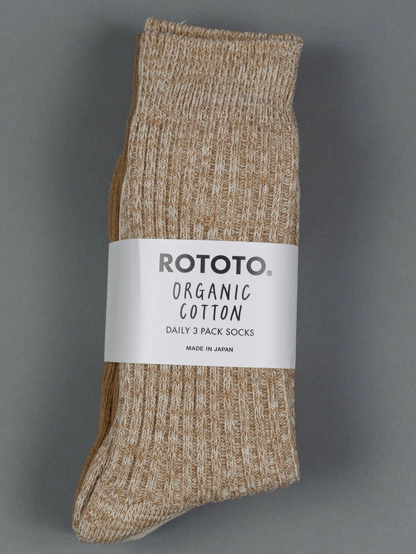ROTOTO Organic Cotton Daily 3 Pack Ribbed Crew Socks Ecru/Brown 3 ROTOTO Organic Cotton Daily 3 Pack Ribbed Crew Socks Ecru/Brown