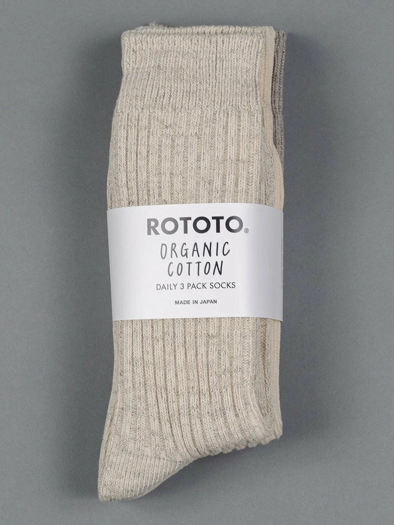 ROTOTO Organic Cotton Daily 3 Pack Ribbed Crew Socks Ecru/Grey 3 ROTOTO Organic Cotton Daily 3 Pack Ribbed Crew Socks Ecru/Grey
