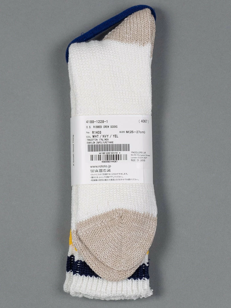 ROTOTO O.S. Ribbed Crew Socks White/Navy/Yellow 4 ROTOTO O.S. Ribbed Crew Socks White/Navy/Yellow