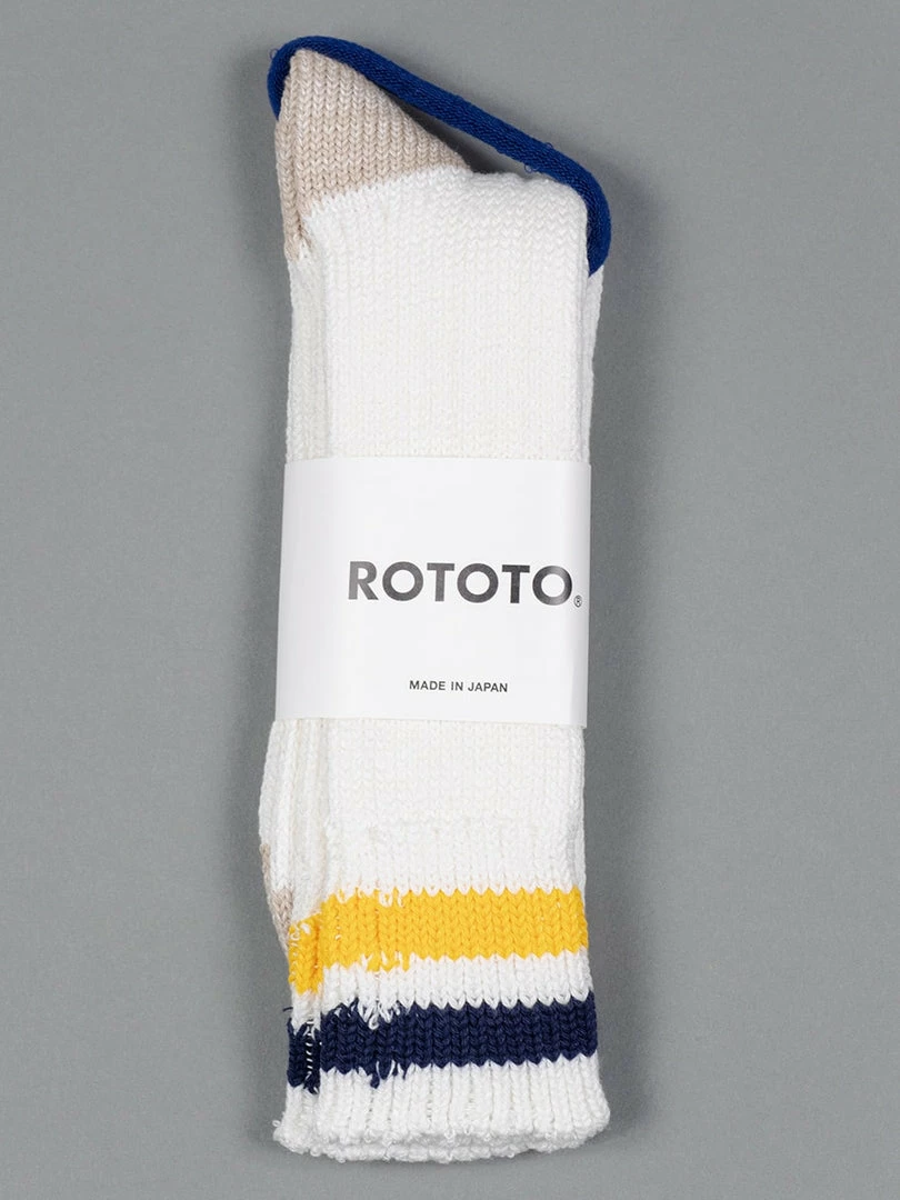 ROTOTO O.S. Ribbed Crew Socks White/Navy/Yellow 3 ROTOTO O.S. Ribbed Crew Socks White/Navy/Yellow