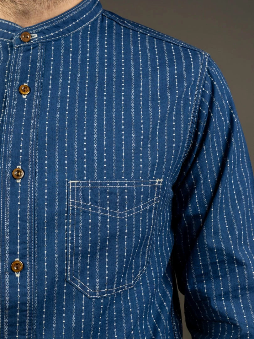 STUDIO D´ARTISAN Studio D'Artisan Indigo Wabash Band Collar Shirt 6 STUDIO D´ARTISAN Studio D'Artisan Indigo Wabash Band Collar Shirt