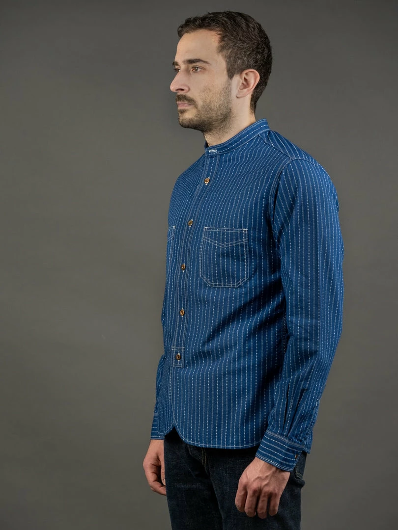 STUDIO D´ARTISAN Studio D'Artisan Indigo Wabash Band Collar Shirt 5 STUDIO D´ARTISAN Studio D'Artisan Indigo Wabash Band Collar Shirt